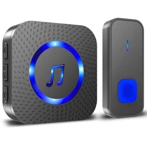 Sonnette sans Fil, 400M Sonnette de Porte IP55 Étanche Carillon Electronique, 55 Mélodies au 5 Niveaux Volumes, LED Bleu Noir