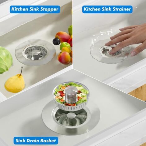MOWETOO Filtre d'évier de cuisine et bouchon de lavabo pour une profondeur > 40 mm, trou d'évier 75-86 mm, 3 en 1 Pop-Up Bouchon de vidange en acier inoxydable