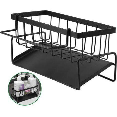 Organisateur Evier Cuisine, Porte Eponge Evier Cuisine avec Bac De Vidange Automatique et Porte-Serviettes, Acier au Carbone Éponge Support Evier pour Brosse Chiffons Savons, Noir (1/5)
