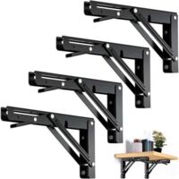 4 Pièces Support d' Étagères Pliable, 200mm Équerre Pliante Noir Support Console Pliants, Murale Supports Pliante, Pour Table Etagere Murale Garage Cuisine Chambre Bureau, Gain de place