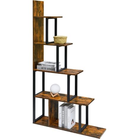PADMA HOUSE 5 Tier Corner Shelf, Stepped Storage Shelf with Metal Frame, 5 Tier Desk Shelf, Storage Shelf (Vintage Brown + Ink Black)