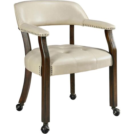 PADMA HOUSE Large Dining Chairs with Casters and Arms, Rolling Dining Chairs with Wheels, Accent Game Poker Chairs, Boss Caption's Chairs, Solid Wood Legs and Faux Leather Seat, White XXY1910BG