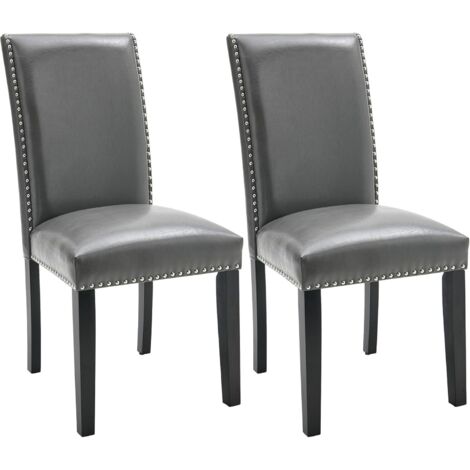PADMA HOUSE Parsons Dinning Chairs with Nail-Heads Trim, Faux Leather Kitchen Accent Side Upholstered Seat, Solid Wood Legs (Grey, Set of 2)