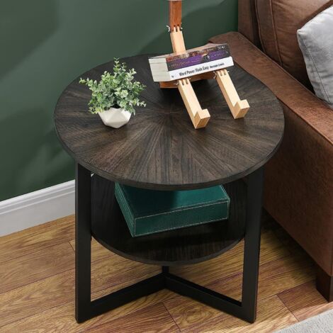 PADMA HOUSE Round Large End Table with 2-Tire Storage Shelf, Farmhouse Circle Side Table for Living Room, Solid Wood Nightstand, Deside Table for Small Space, Coach Table CJZ1338BKUK