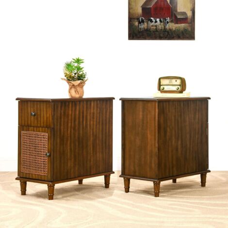 PADMA HOUSE Set of 2 Narrow End Table with Drawer & Storage Cabinet, Vintage Slim Solid Wood Nightstand, Mid-Century Modern Bedside Table for Bedroom Chair Side Tables for Living Room, Walnut BZ-D0245