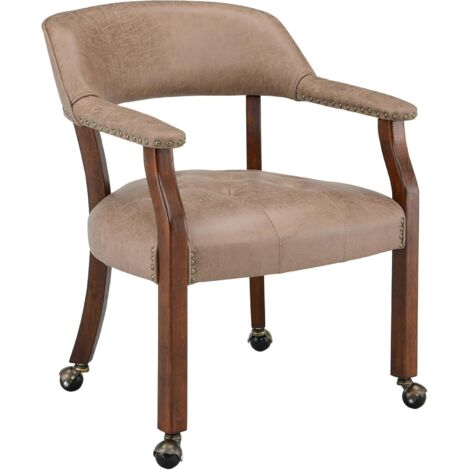 PADMA HOUSE Large Dining Chairs with Casters and Arms, Rolling Dining Chair with Wheels, Accent Game-Chairs Boss Caption's Chair, 66CM x 64CM x 66.5CM, Cherry Legs & Yellowish Brown SY-1533-LT