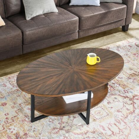PADMA HOUSE Solid Wood Oval Coffee Table, Industrial 2-Tier Center Table with Storage Shelves, Tea Desk with Metal Legs, Wooden Accent Sofa Side Table for Living Room,Bedroom Apartment, Home Office Ru