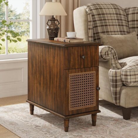 PADMA HOUSE Narrow Side Table with Drawer & Storage Cabinet, Vintage Small Rattan Bedside Table with Storage, Walnut Bedside Table for Small Space Sofa Tables for Living Room, Walnut BZ-D0245-LWA