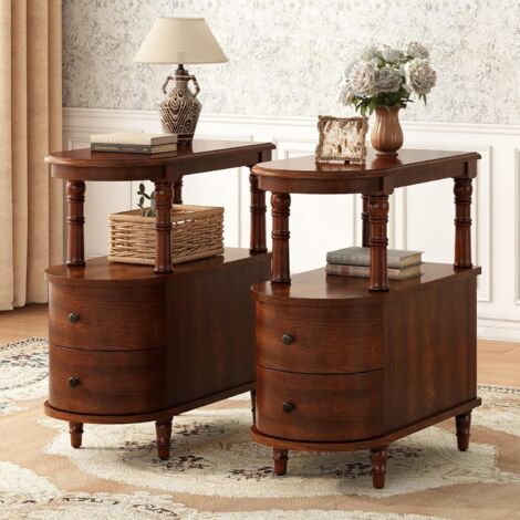 PADMA HOUSE set of 2 Solid Wood End Table with 2 Drawers, Narrow Sofa Side Table Slim Chair Side Desk with Storage Shelf, Slim Nightstand Bedside Table, Solid Wood Narrow Telephone Table Cherry Walnut