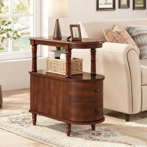 PADMA HOUSE Solid Wood End Table with 2 Drawers, Narrow Sofa Side Table Slim Chair Side Desk with Storage Shelf, Slim Nightstand Bedside Table, Solid Wood Narrow Telephone Table Cherry Walnut