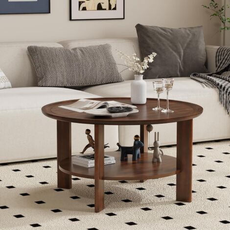 PADMA HOUSE Round Tray Top Coffee Table with Storage Shelf, Farmhouse Wood Cocktail Tables, Living Room Center Tea Table, 81Dia x 45H, Easy Assembly Dark Cherry Red
