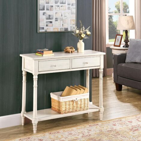 PADMA HOUSE Solid Wood Console Entry Table with 2 Drawers, Accent Sofa Table with Storage Shelf, Narrow Entryway Hall Table for Living Room Office Easy Assembly