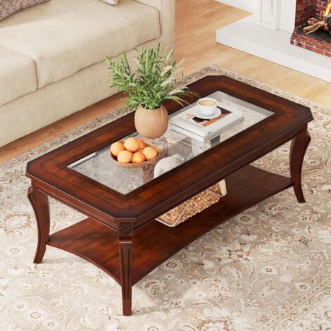 PADMA HOUSE Rectangle Coffee Table for Living Room, Traditional Tea Table with Storage Shelf, Solid Wood Rustic Center Table Walnut glass tabletop, 120 60 45,5
