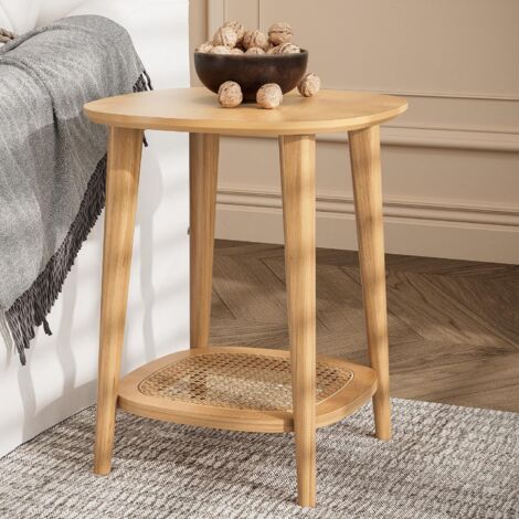 PADMA HOUSE End Table with Rattan Storage Shelf ,Square Sofa Beside Tables with Rounded Corners, Small Telephone Table- for Living Room, Vintage-Inspired Accent Corner Table, Natural Oak (1/5)