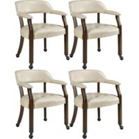 PADMA HOUSE Set of 4 Large Dining Chairs with Casters and Arms, Rolling Dining Chairs with Wheels, Accent Game Poker Chairs, Boss Caption's Chairs, Solid Wood Legs and Faux Leather Seat, White XXY1910