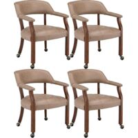 PADMA HOUSE Set of 4 Large Dining Chairs with Casters and Arms, Rolling Dining Chair with Wheels, Accent Game-Chairs Boss Caption's Chair, 66CM x 64CM x 66.5CM, Cherry Legs & Yellowish Brown SY-1533-L