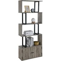 PADMA HOUSE Shelf, wall shelf, bookcase with base cabinet, ladder shelf, for living room, office, bedroom, kitchen, S-shaped design, (174.5 x 70 x 25 cm) (grey)