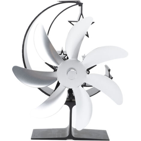 Ventilatore per stufa alimentato a calore, modello Moon a 7 pale, funzionamento silenzioso, circolazione dell'aria calda, bruciatore a legna ad alta efficienza per accessori in legno, argento. (1/5)