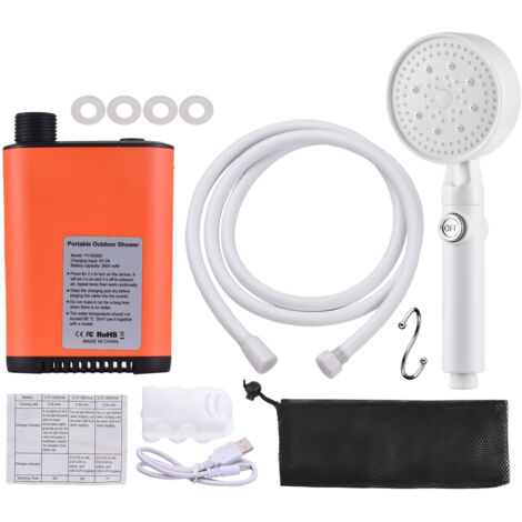 Doccia elettrica portatile da campeggio con 3 livelli di flusso d'acqua regolabili, pompa da esterno senza fili, tubo flessibile con angolazione di 1,8 metri. (1/5)