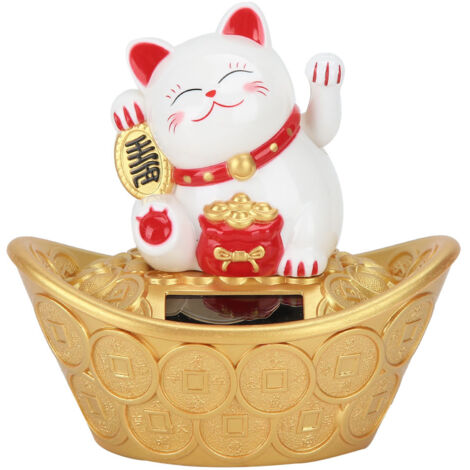 Simpatico gatto portafortuna a energia solare, in stile cartone animato, che saluta con la mano, una decorazione felina di benvenuto per la casa, il ristorante o il negozio. Bianco. (1/5)