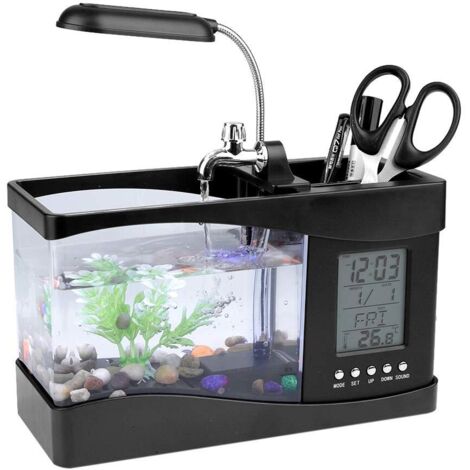 Mini acquario multifunzione con schermo ricaricabile tramite USB, orologio, termometro e luce LED, contenitore decorativo a forma di penna per acquario, ideale per la casa e l'ufficio (nero)