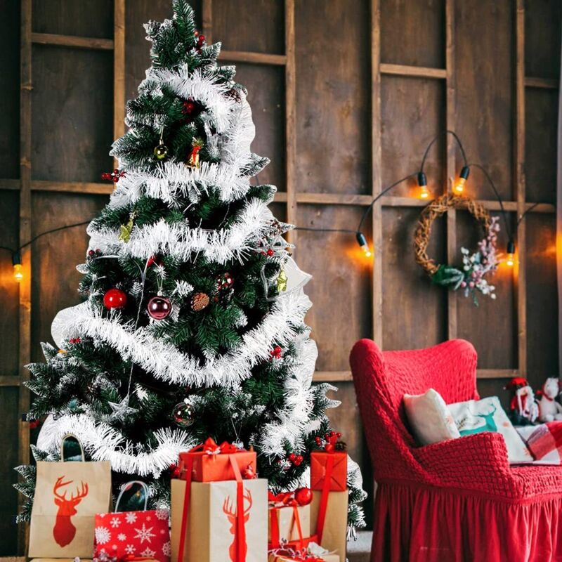 Guirlandes Tinsel Noël Blanc Et Rouge, Sapin Brillante 2m, Lot De 4 Guirlandes Métalliques Scintillantes, Guirlandes De Décoration De Noël