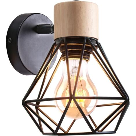 Applique Murale Industrielle Design Cage en Métal Lampe Murale Bois Décoration Ajustable Vintage Luminaire Interieur pour Chambre Couloir Salon, 16CM (Style-B Noir 1Pack) [Classe énergétique A]