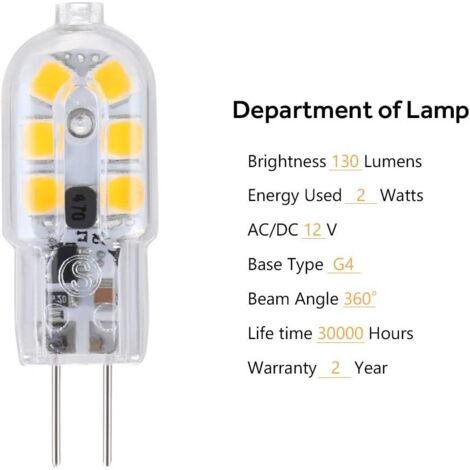 Pack 10 Ampoules G4 LED 2W Équivalent 20W Halogène - 12V Blanc Chaud 3000K 200LM - Non Dimmable Économie D'Énergie