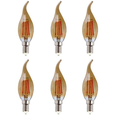 Ampoule LED E14 Forme de bougie à filament 4W (Équivalent à 40W halogène) Blanc Chaud 2700K 600Lm Ampoules Flamme Ampoule Bougie Classique E14 LED Vintage Verre Ambré Non Dimmable, Lot de 6 [Classe én (1/5)