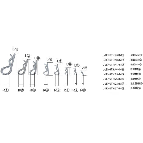 Assortiment de 100 goupilles fendues en acier inoxydable, clips R goupilles fendues retenant la goupille d'attelage à ressort pour tracteurs de remorquage tondeuses à gazon
