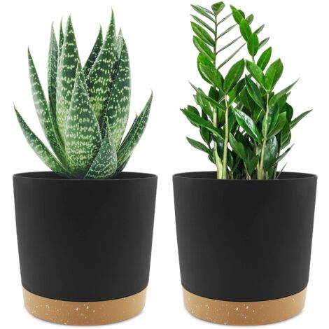 Lot de 2 Pots de Plantes 16cm, Pots pour Plantes d'intérieur avec Trous de Drainage et Base Amovible, Soucoupe décorative Moderne pour jardinières d'extérieur (Noir 16cm)