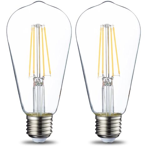 Lot de 2 ampoules LED vintage Culot Edison E27 ST64 6W Filament transparent Intensité non variable [Classe énergétique E]