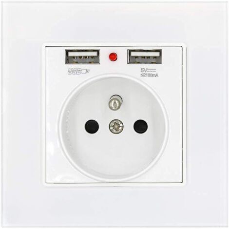 Prise de Courant Panneau en Verre Prise Standard Français Murale avec Indicateur de Puissance de Charge Usb Double 2.1A, Prise Standard Français Encastrée 16A 250V Blanc (1/5)