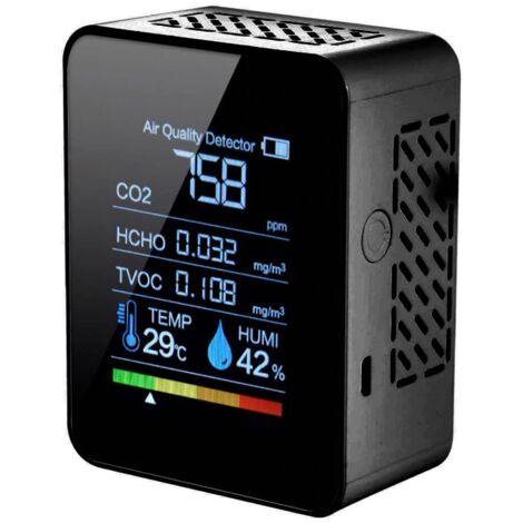 Détecteur de dioxyde de Carbone 5 en 1 Détecteur de qualité d'air intérieur CO2 Compteur numérique TVOC HCHO Moniteur de température et d'humidité Testeur de rétroéclairage (Noir)