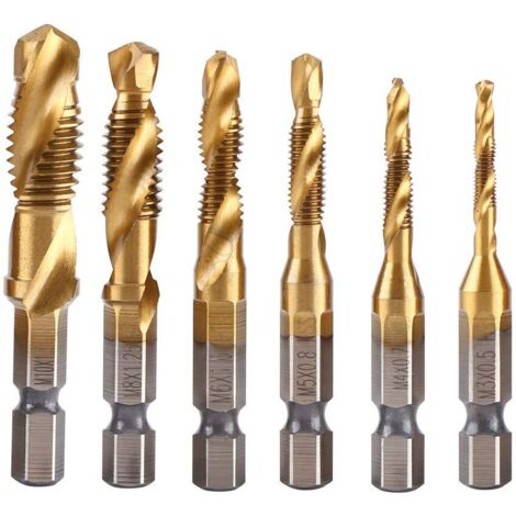 Lot de 6 Tarauds Filetés, Foret Taraud Filetage Métrique M3-M10 avec Revêtement en Titane HSS et Embouts de Taraudage 1/4" Queue Hexagonale Cannelée