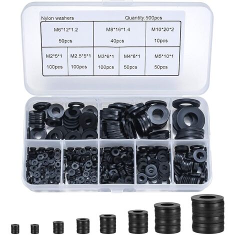 500 Pièces Rondelles Plates Nylon Noir, Rondelles Plates Isolation Rond Joint Spacer Joint Plomberie Assortiment Kit- M2/M2.5/M3/M4/M5/M6/M8/M10