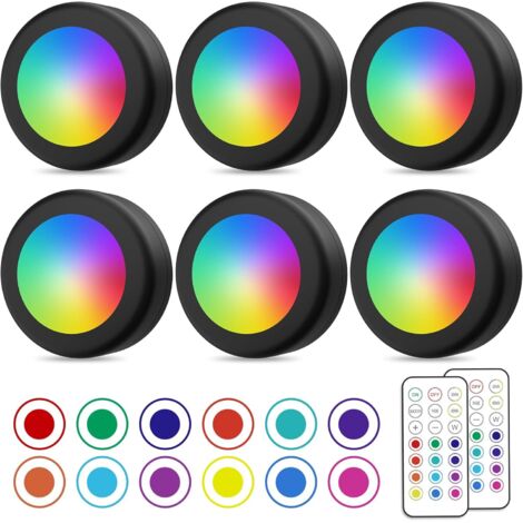 Spot LED Sans Fil, Couleurs Lampe Placard avec Telecommande, Eclairage Batterie Armoire Lumiere Cuisine Sous Meuble, Veilleuse Réglable LED, Lot de 6