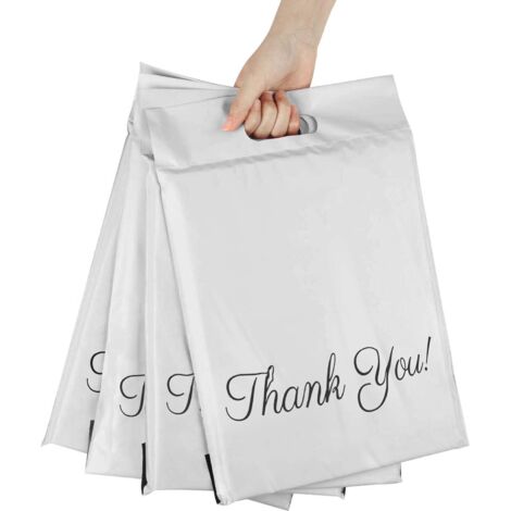 100 pièces Enveloppes Plastique d'expédition, Sacs d'expédition Imperméable et Solide avec Poignée pour l'emballage, le stockage, le shopping, 25x33cm+5cm+6cm(Blanc)