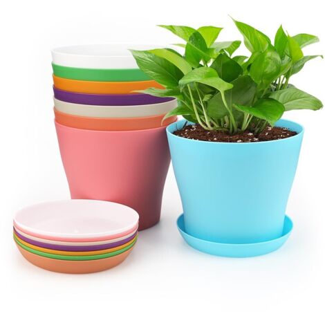 8 Pièces 10 CM Pots Plastique Plantes Petite, Cache Pot Interieur Exterieur, Pot de Fleur avec Plateaux, Convient aux Semis, Cactus, Plantes Succulentes, Orchidées, Herbes -8 Coloré (1/5)
