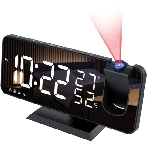 Reveil Projecteur avec Radio, Horloge Numérique, Radio Reveil USB avec Double Alarme et Écran Miroir LED de 7, Snooze, 4 Niveaux de Luminosité, 12/24h, 15 Volume, pour La Maison, Le Bureau