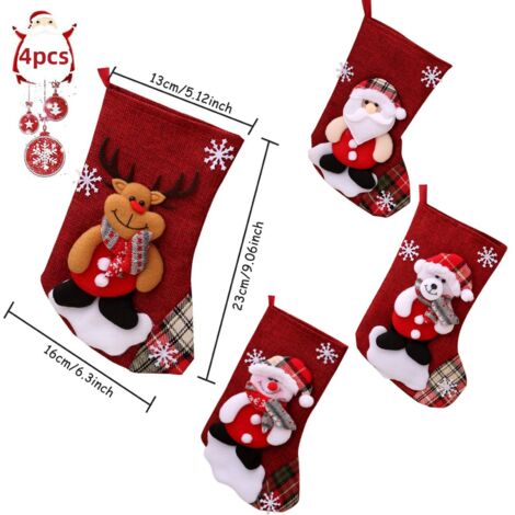 Lot De 4 Chaussettes De Noël à Suspendre - 22x15cm, Tissu Rouge à Flocons | Décoration Cheminée, Sapin, Cadeaux