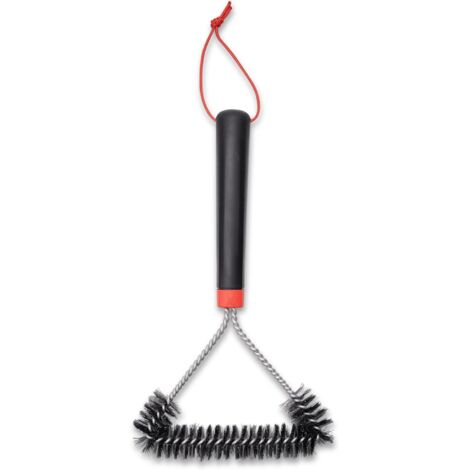 Brosse de barbecue - Courte à trois faces, 30cm, polyvalente, avec poignée ergonomique antidérapante, des poils en acier inoxydable, adaptée à tous les types de barbecues - Noir (6277)