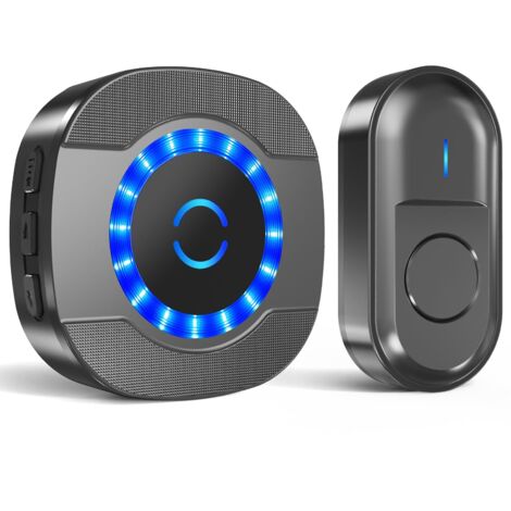 Sonnette sans Fil Exterieur Étanche, 300M Sonnette Longue Portée avec Récepteurs Enfichables, Carillon Electronique Kit avec pile pour la Maison, LED Bleu, 55 Mélodies, 5 Niveaux Volumes, Noir