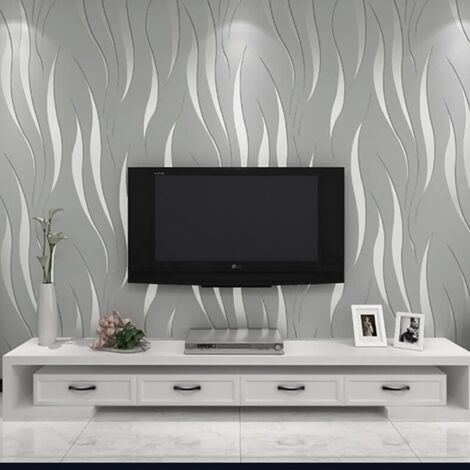 Rouleau de papier peint non-tissé en relief moderne et minimaliste, motif de plantes aquatiques en 3D pour le salon, la chambre à coucher, argenté et gris (0,53×10m)