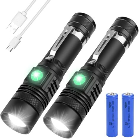 Lampe Torche Rechargeable USB, 2PCS Lampe de Poche LED, 3 Modes, Anti-Choc Étanche et Zoomable avec 2 Piles 18650 et Chargeur USB pour Ménage, Camping, Éclairage de Secours