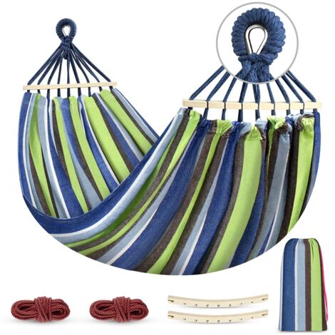 Hamac Suspendu Confortable et Robuste, avec Barre en Bois Anti-basculement et Corde pour Extérieur/Intérieur, Terrasse, 275 x 155 cm, 250kg Capacité de Charge