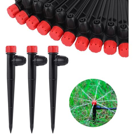 Lot de 50 spots d'irrigation goutte-à-goutte réglables à 360 degrés sur 5" avec piquet pour tuyaux d'irrigation goutte à goutte de 1/4" pour système d'irrigation de jardin (50 gouttes rouges)