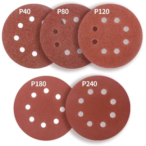 Disques de Ponçage Papier Abrasifs 125mm.8 trous,50 pièces Disques Ponceuse: Disques abrasifs perforés ​auto-agrippant 125 mm Grain 40 80 120 180 240 pour Random Orbital Sander,Poncer/Polir