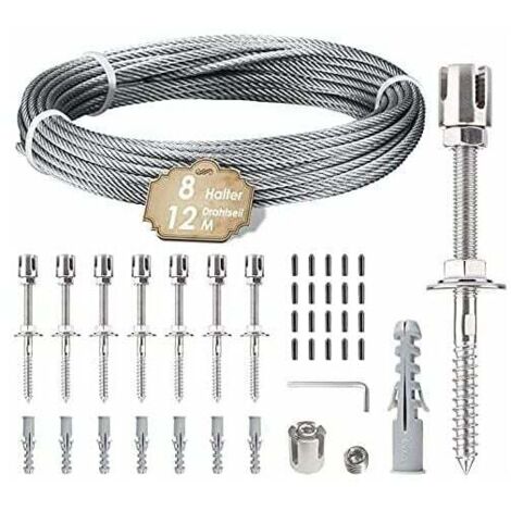 Support de plantes grimpantes. Kit de suspension en corde inox 12 m. Comprend câble 3 mm et 8 tendeurs. Convient jardins, murs béton, panneaux clôture, bois massif. (8 tendeurs de 12 m)