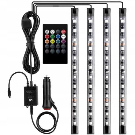 12V LED éclairage intérieur de voiture avec 4 pièces 48 RGB, 3 m de bandes LED multicolores de voiture, bande lumineuse contrôlable avec télécommande, éclairage étanche pour allume-cigare (1/5)